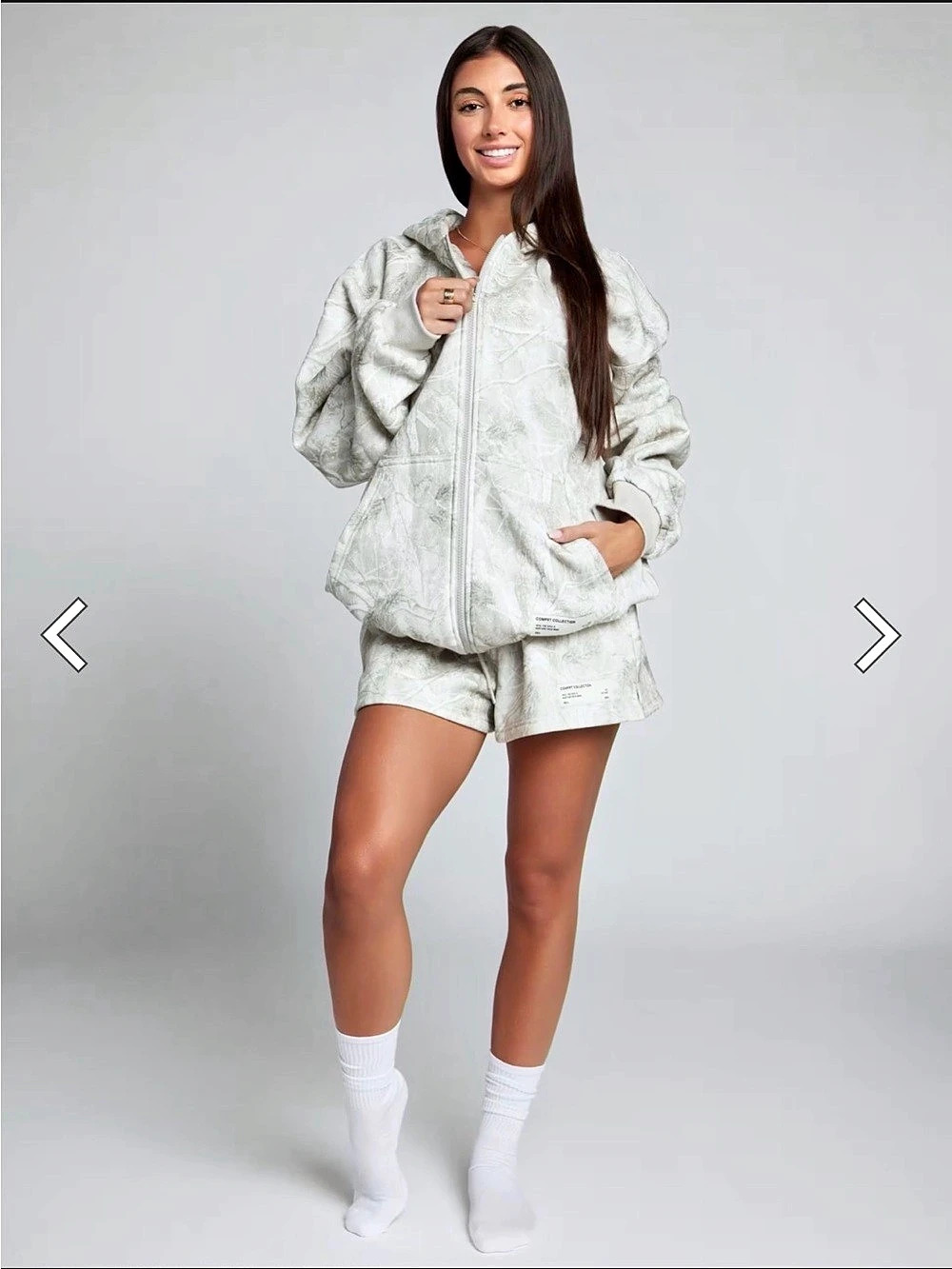 Comfrt Camo Zip-Up Hoodie and Shorts Set in White & Brown